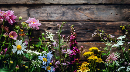 Flowers on a wooden background with a wooden sign  that spring, generative ai