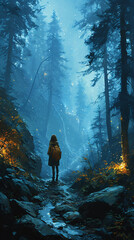 a lonely girl wanders through a dark, mysterious forest, searching for whispers of forgotten tales and hidden enchantments - obrazy, fototapety, plakaty