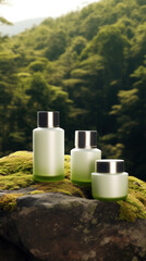 Cosmetic bottles on the stone with moss with a blurred forest backdrop.Natural organic cosmetic mock up. Generative AI.