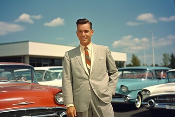 A man in a formal suit against the background of many old cars. Retro photography