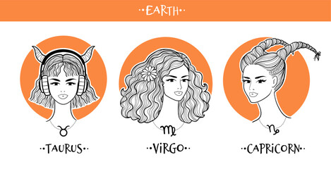 Earth zodiac signs girls collection. Vector illustration of beautiful women. Taurus, Virgo and Capricorn horoscope set.