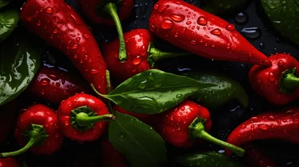 Glasschilderij  Juicy red hot peppers. Black background. Mediterranean diet. Generative AI  © AngrySun