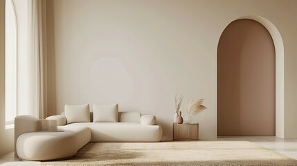 2d mockup of living room in pastel colors, in the style of light emerald and beige, arched doorways, natural fibers, light pink and brown