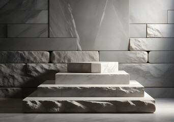 Product setting podium rough stone slabs, marble counter concrete wall and stone shelves, grunge texture blocks object placement, 3d rendering.  Generative AI