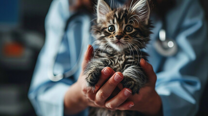The veterinarian holds a small kitten in his hands. selective focus. Generative AI, - obrazy, fototapety, plakaty