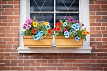 Fototapeta na wymiar window boxes with blooming petunias against brick wall
