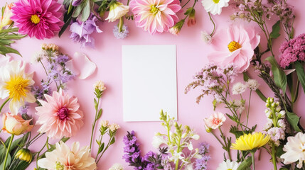 Obraz premium Blank paper card mockup with plenty of spring flowers on pink background. Design greeting card concept. Generative AI