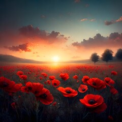 Field of red poppies at sunset. Beautiful nature background. Ai generated
