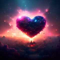 Heart in space with colorful nebula and stars, 3D illustration. Ai generation