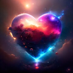 Heart in space with colorful nebula and stars, 3D illustration. Ai generation