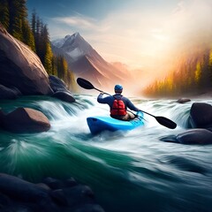 Man kayaking in the mountain river at sunset. Sport and active life concept. Ai generated