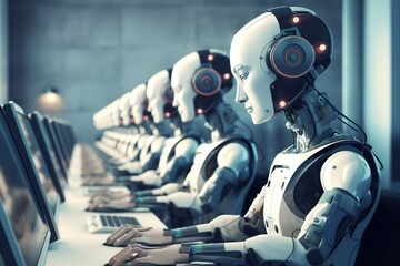 Futuristic service, robots at work in a call center