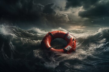Hope amidst turmoil, a lifebuoy in stormy seas - obrazy, fototapety, plakaty