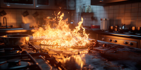 cooking in the kitchen, Burning fire in the kitchen, Fire emergency Closeup of dangerous flames in a restaurant kitchen, 
