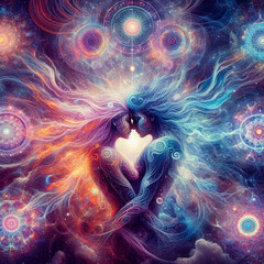Twin flame couple. Soulmates. The concept of magical, esoteric, tantric, spiritual love. Connection between souls. Illustration for websites and much more. Created using generative ai tools