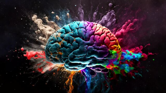 Concept art of a human brain exploding colorful particles