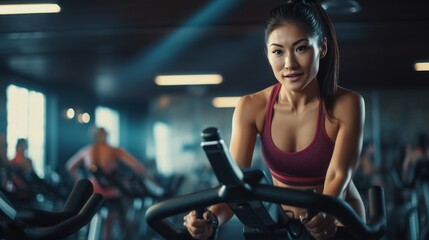 Fototapeta na wymiar Young Asian woman working out on exercise bike at gym. Neural network AI generated art
