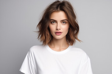 Obraz premium Woman in White Tshirt Mockup created with Generative AI