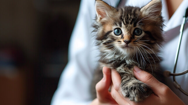 The veterinarian holds a small kitten in his hands. selective focus. Generative AI,