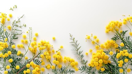 Mimosa fresh flowers on isolated background, copy space, 8 march day background, mimose is traditional flowers for international womans day 8 of march, copy space, generative ai