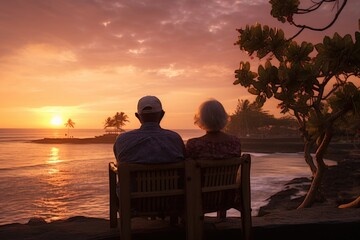 Fototapeta na wymiar Silhouette of an elderly couple waiting for a colorful sunset sitting by the ocean