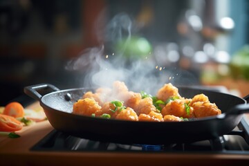 sizzling nuggets on a pan with steam, stove background