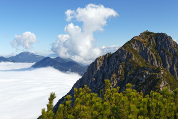 Sea of clouds and peaks of the Bavarian Alps, view to the Herzogstand mountain, Germany, Europe