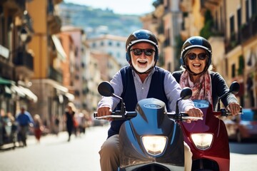 An elderly cheerful emotional couple in oscars rides a scooter along a city street - obrazy, fototapety, plakaty