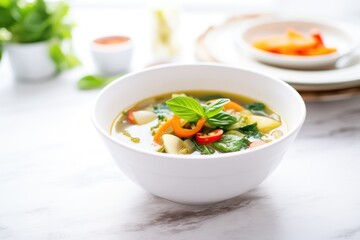 fresh vegetable detox soup with spinach, carrots, and onions in a white bowl