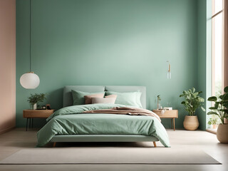 The Minimalist interior design of the modern bedroom is a mint wall with copy space.