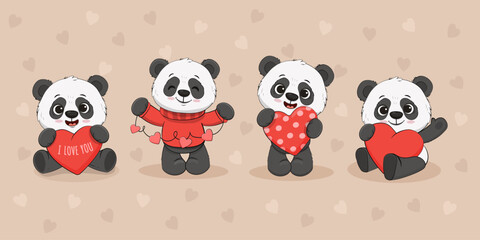 set of cute cartoon panda with a red heart on colorful background with hearts. Funny panda bear cub. Valentine's day, Mothers day card. Vector