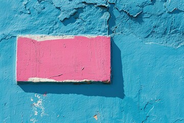 A textured blue wall featuring a contrasting pink rectangular paint stroke, perfect for adding custom text or messages, ideal for striking design projects and art backgrounds.