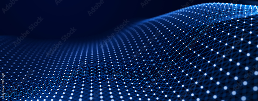 Fototapete Perspective grid of lines and dots. Network or connection. Abstract digital background of points and lines. Glowing plexus. Big data. Abstract technology science background. 3d rendering