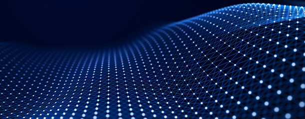 Perspective grid of lines and dots. Network or connection. Abstract digital background of points and lines. Glowing plexus. Big data. Abstract technology science background. 3d rendering