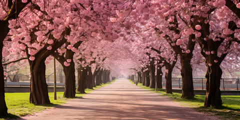 A path lined with cherry blossom trees

