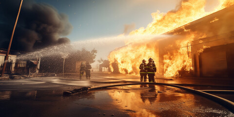 Firefighter works on fire fireman walks inside burning building . - obrazy, fototapety, plakaty