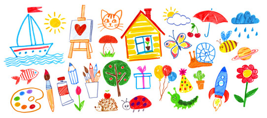 Felt pen vector illustrations set of child drawings. Art supplies, animals and nature