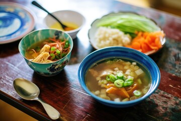 individual ingredients beside a bowl of hot and sour soup