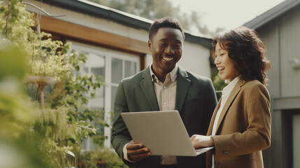 Couple of smiling colleagues afro-american businessman and asian woman working together using laptop outdoors. Two real estate agents standing by house in summer garden