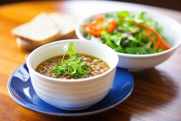 bowl of lentil soup with side salad