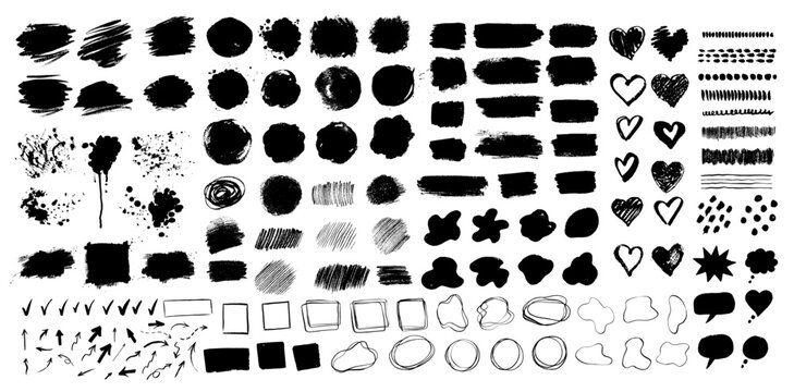Collection bundle of grunge vector hand drawn elements, banners and paint splashes, figures and line art paint brush drawing