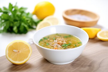 lentil soup in white bowl with lemon wedge
