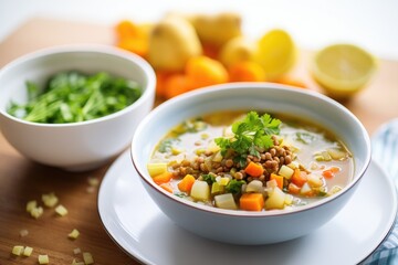 chopped vegetables beside a bowl of lentil soup