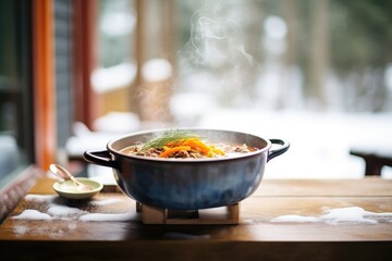 steaming bowl of lentil soup in winter setting