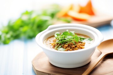 vegan lentil soup in eco-friendly bowl