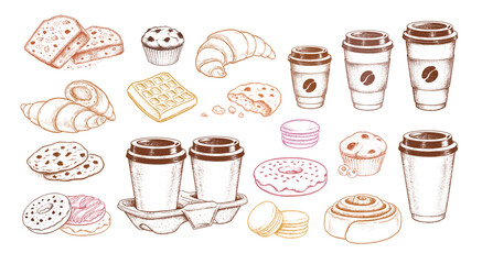 Colorful sketch icons vintage vector illustrations collection of bakery and takeaway coffee