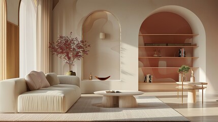 3d mockups scene for modern living room, in the style of pastel toned, arched doorways, light emerald and light brown, organic texture, light crimson and beige, modern