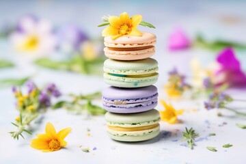 Obraz na płótnie Canvas colorful macarons stacked with mint leaves between layers