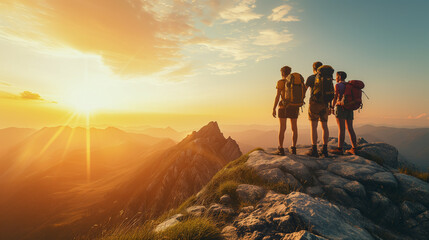 冒険好きな登山家が日の出とともに登頂する。チームワークで困難な状況を打破するイメージ。