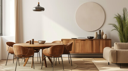 デザイナー家具と室内緑を備えたモダンでおしゃれなダイニングスペース。リラックスできる雰囲気。